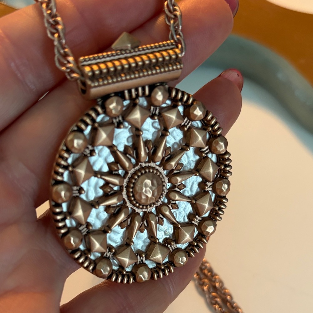 Rare Heidi Klum Vintage-Inspired Rose Gold and Silver Medallion Necklace 14”